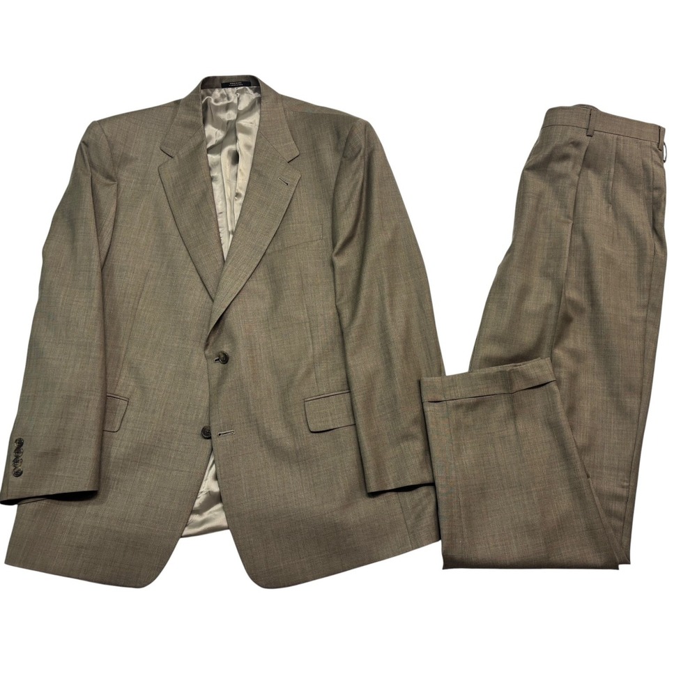 Hart Schaffner Marx 46R 38x32 Tan Windowpane 2pc Pant Suit USA Wool Pleated
